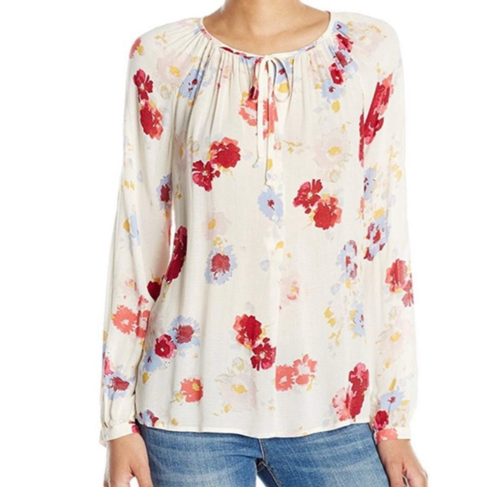 Lucky Brand Floral Print Peasant Blouse Cream Red Blue Long Sleeve Size L